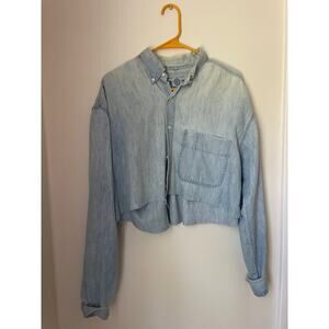 Cropped Chambray Button Down Shirt Raw Hem Oversized Denim Top-M